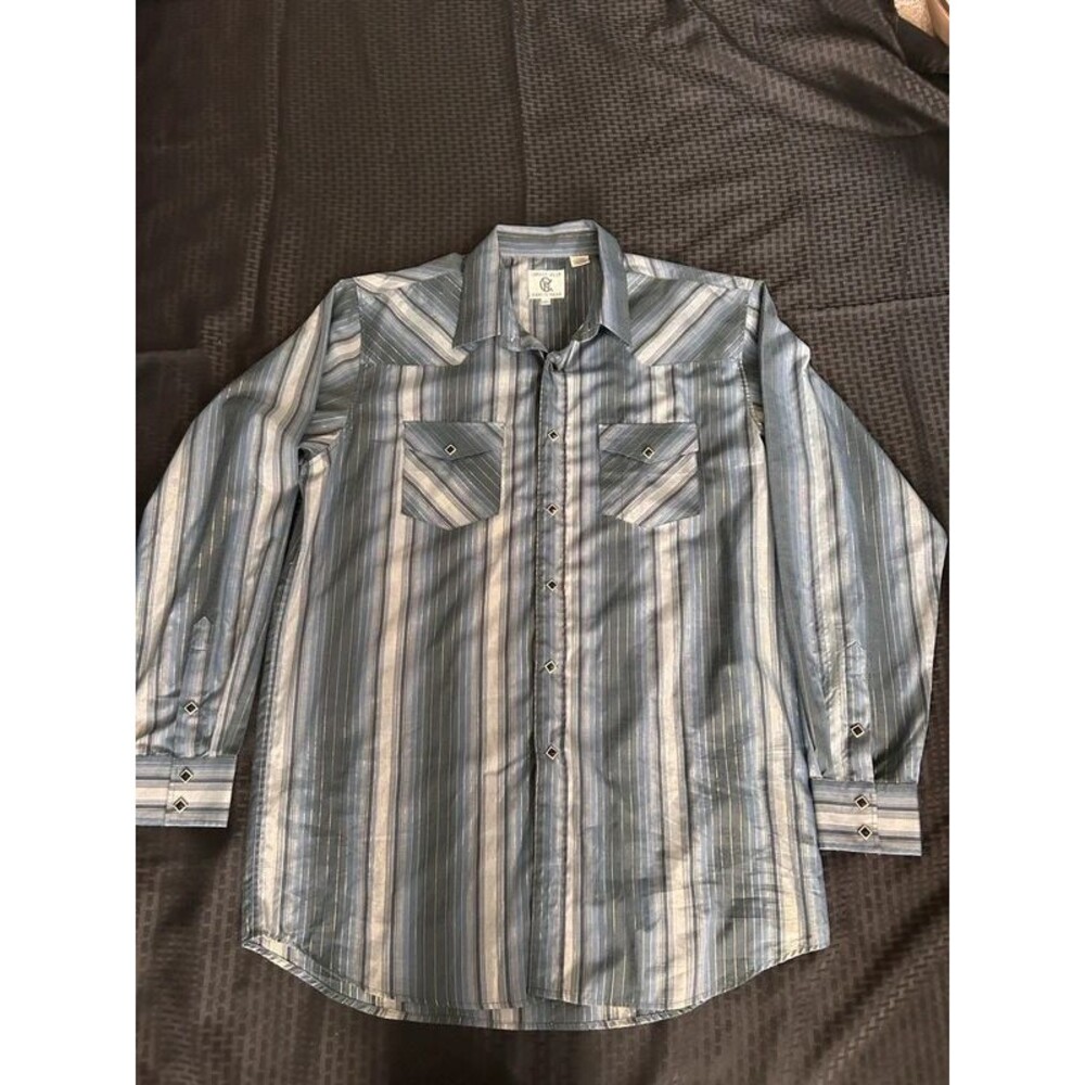 Corral West Ranch Wear Vtg Pearl Snap Western Shirt Blue Metallic Striped 2XT